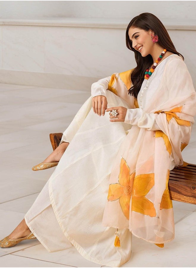 ISHIN Women's Off White 100% Cotton Solid Pattern Anarkali Kurta Set  - Image 1
