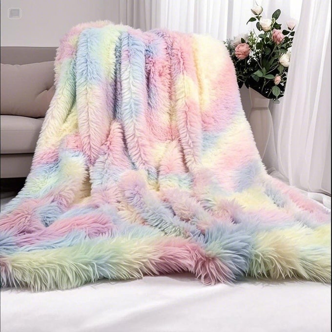 PLUSH SUPER SOFT BLANKET COLORFUL BEDDING SOFA COVER FURRY FUZZY FUR WARM THROW QULIT COZY COUCH BLANKET FOR WINTER 63X79 RAINBOW