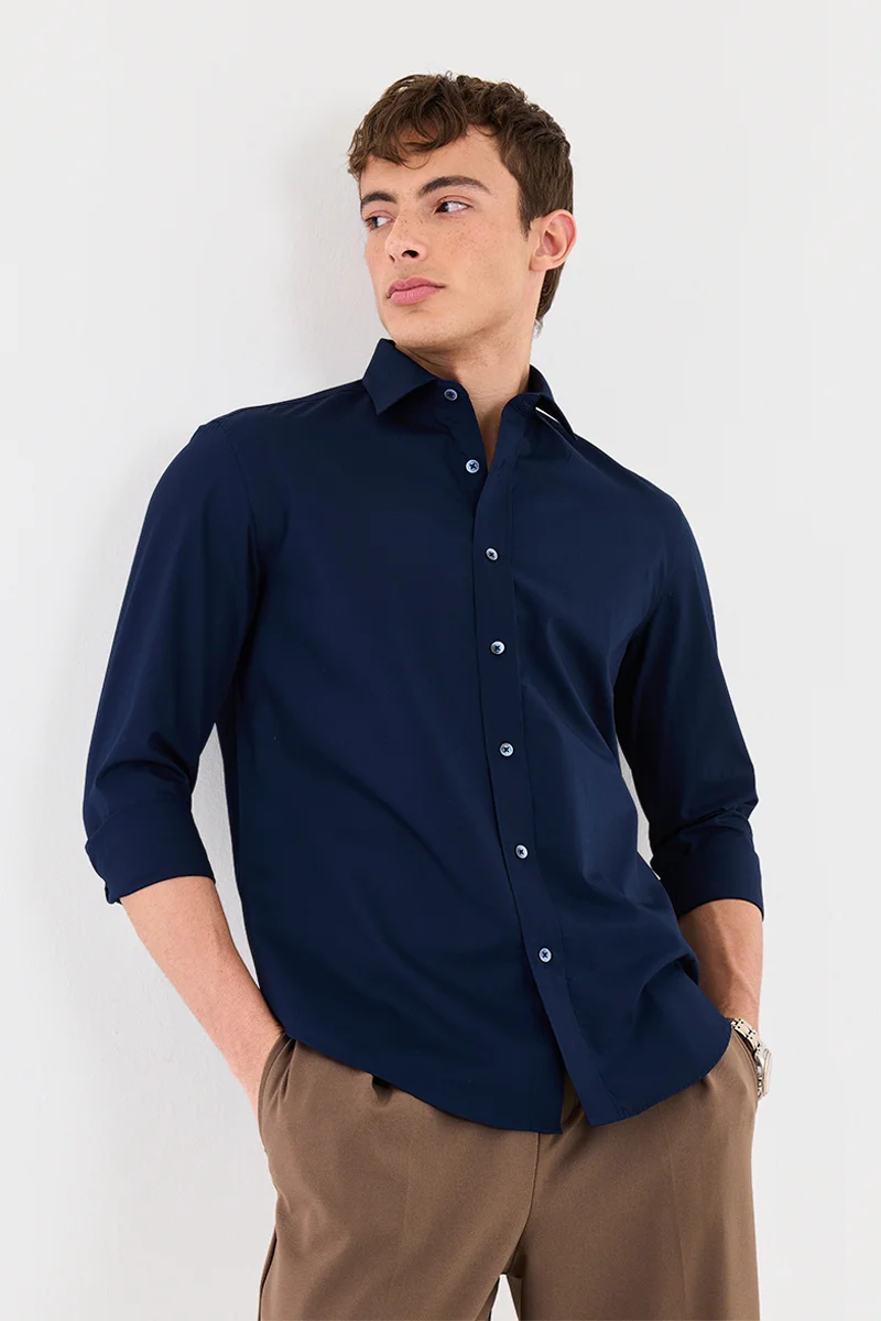 سنيتش Navy Blue Solid Long Sleeve Regular Fit Shirt