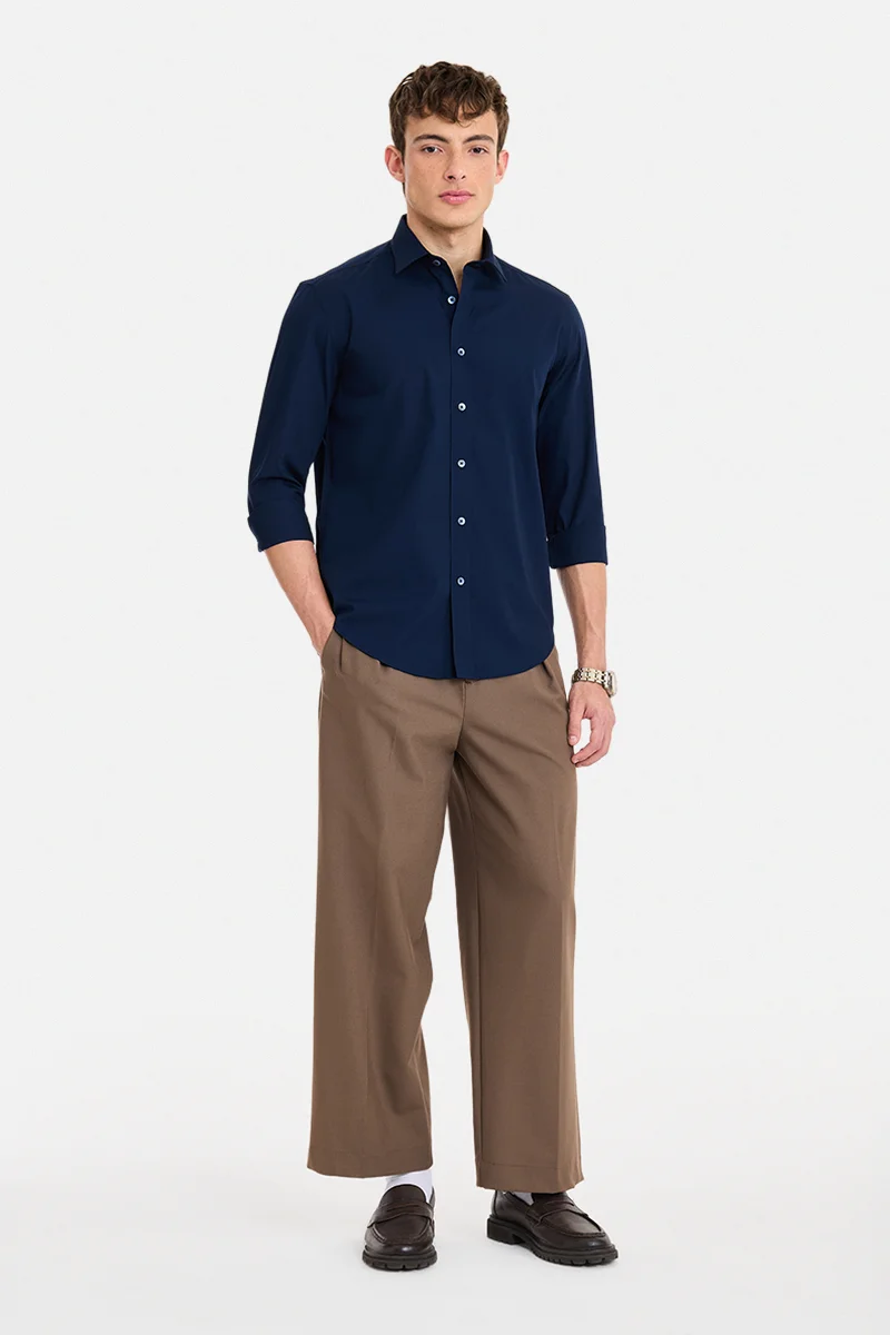سنيتش Navy Blue Solid Long Sleeve Regular Fit Shirt