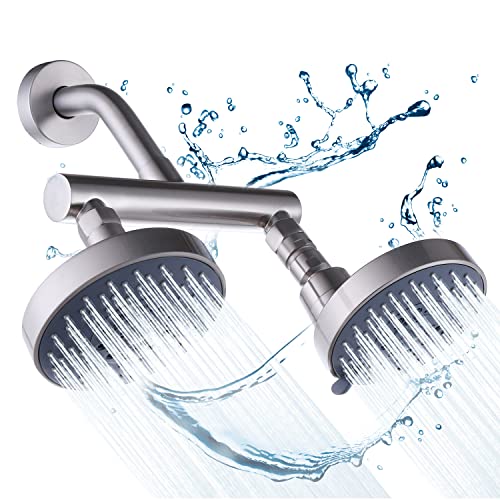 AZOS Double Shower Head with Shut-Off Valve, Bathathroom High Pressure Dual Fixed Rain Shower Head Combo with Brass Dual Outlet Manifold, Adjustable 5 Function Showerhead Brushed Nickel - Image 1