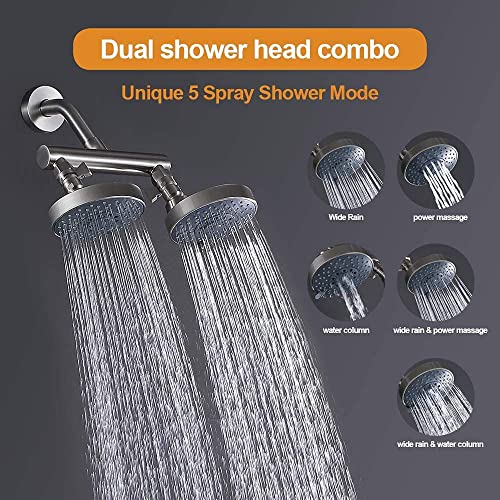 AZOS Double Shower Head with Shut-Off Valve, Bathathroom High Pressure Dual Fixed Rain Shower Head Combo with Brass Dual Outlet Manifold, Adjustable 5 Function Showerhead Brushed Nickel - Image 4