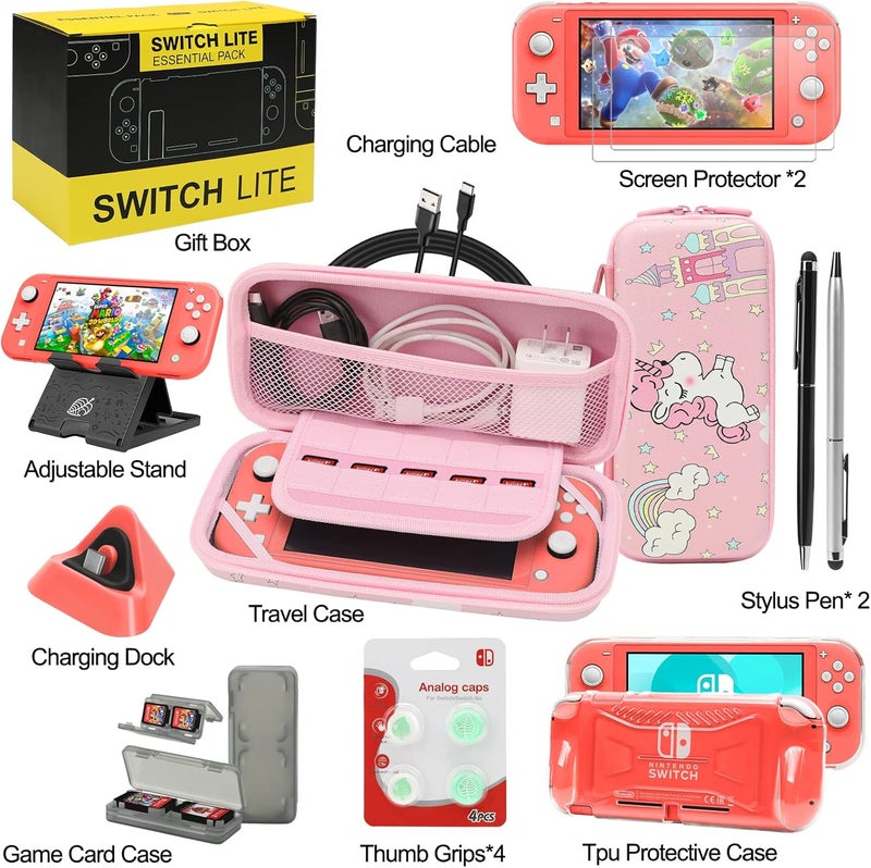 Switch Lite Accessories Bundle, Kit with Carrying Case,TPU Case Cover with Screen Protector,Charging Dock,Playstand, Game Card Case, USB Cable, Stylus,Thumb Grip Caps for Nintendo Switch Lite (Pink) - Image 2