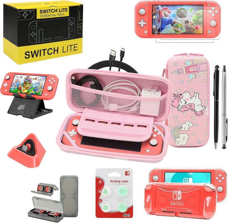 Switch Lite Accessories Bundle, Kit with Carrying Case,TPU Case Cover with Screen Protector,Charging Dock,Playstand, Game Card Case, USB Cable, Stylus,Thumb Grip Caps for Nintendo Switch Lite (Pink) - Image 1