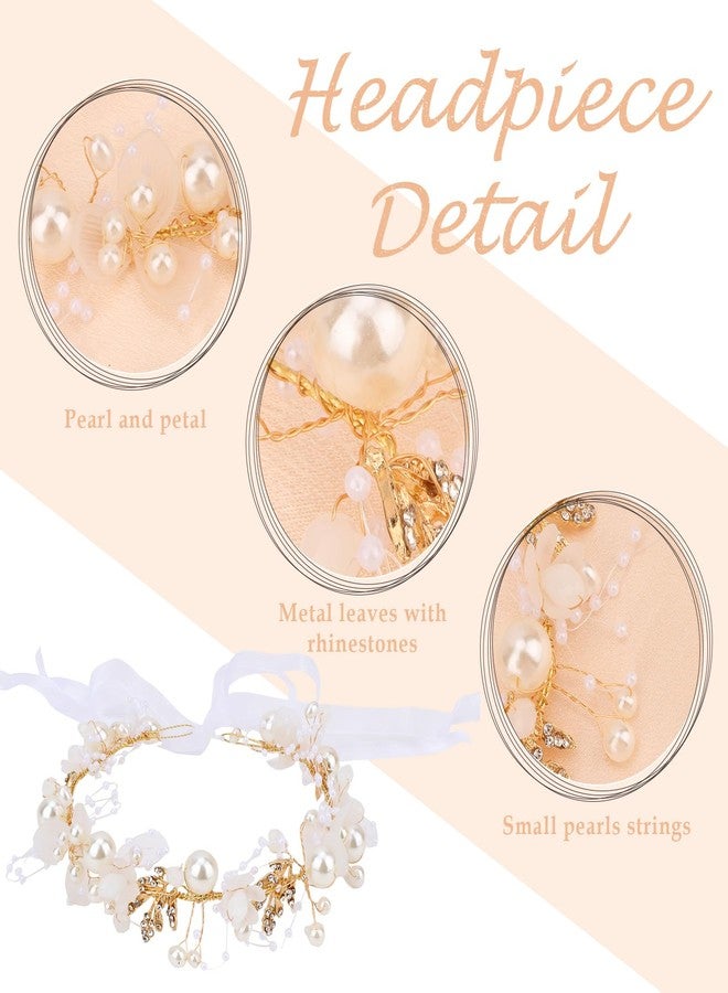 Semato 2 Pcs Flower Girl Headpiece for First Communion Headpiece Princess Tiara Crown with Rhinestone and Pearl Headband Floral Wedding Prom for Girls and Women (Gold) - Image 4