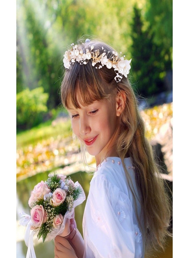 Semato 2 Pcs Flower Girl Headpiece for First Communion Headpiece Princess Tiara Crown with Rhinestone and Pearl Headband Floral Wedding Prom for Girls and Women (Gold) - Image 5