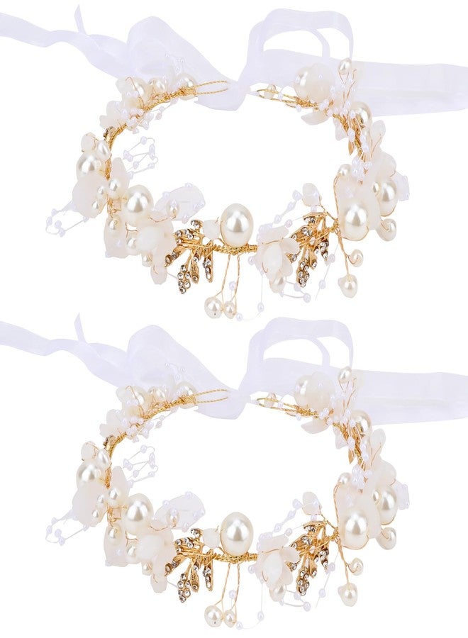 Semato 2 Pcs Flower Girl Headpiece for First Communion Headpiece Princess Tiara Crown with Rhinestone and Pearl Headband Floral Wedding Prom for Girls and Women (Gold) - Image 2