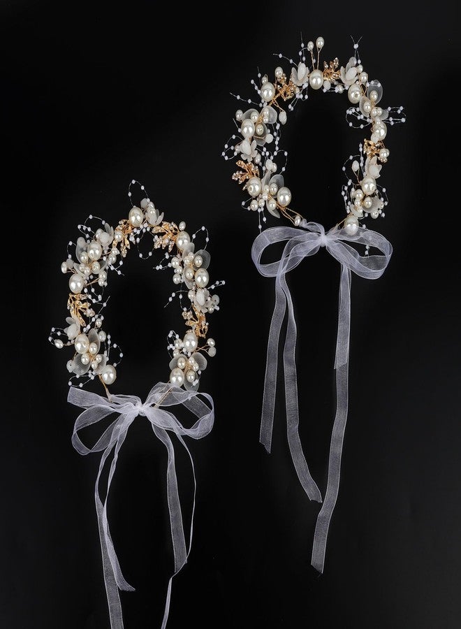 Semato 2 Pcs Flower Girl Headpiece for First Communion Headpiece Princess Tiara Crown with Rhinestone and Pearl Headband Floral Wedding Prom for Girls and Women (Gold) - Image 1