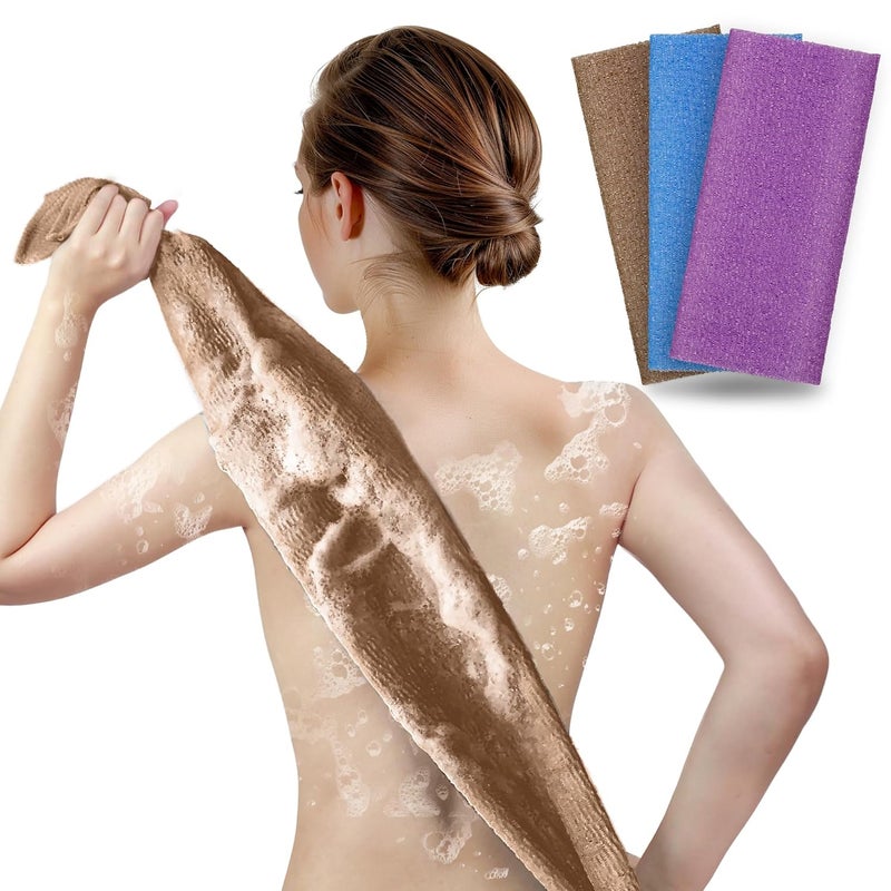ARCH&M 3-Pack Premium Nylon Exfoliating Towel - 35-Inch Quick-Dry, Hygienic Japanese Washcloth for Body & Back - Durable, Machine Washable, Long-Lasting (Brown Purple Navy-Blue) - Image 1