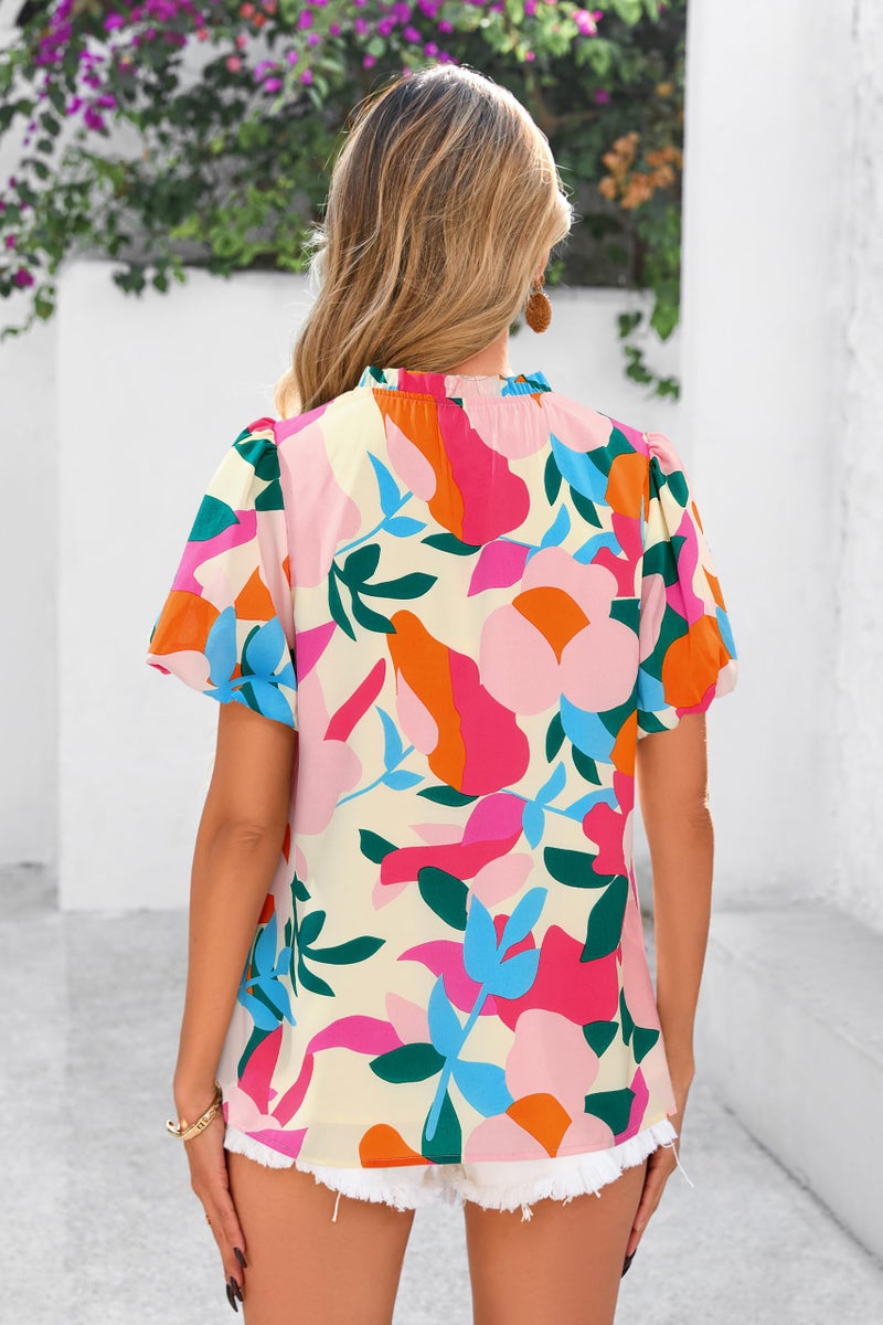 MASCOMODA Boho Short Sleeve Floral Work Blouses for Women Dressy Casual V Neck Puff Sleeve Loose Chiffon Flowy Tops Shirts(Apricot Rose Red Flower,Large) - Image 4