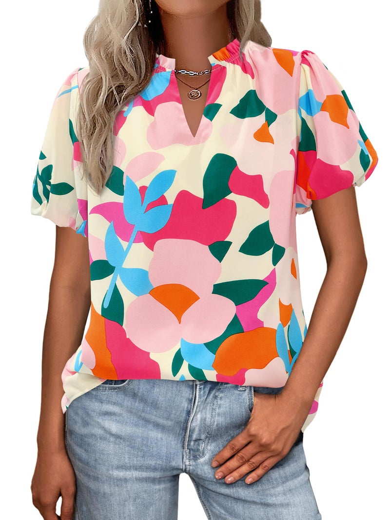 MASCOMODA Boho Short Sleeve Floral Work Blouses for Women Dressy Casual V Neck Puff Sleeve Loose Chiffon Flowy Tops Shirts(Apricot Rose Red Flower,Large) - Image 1
