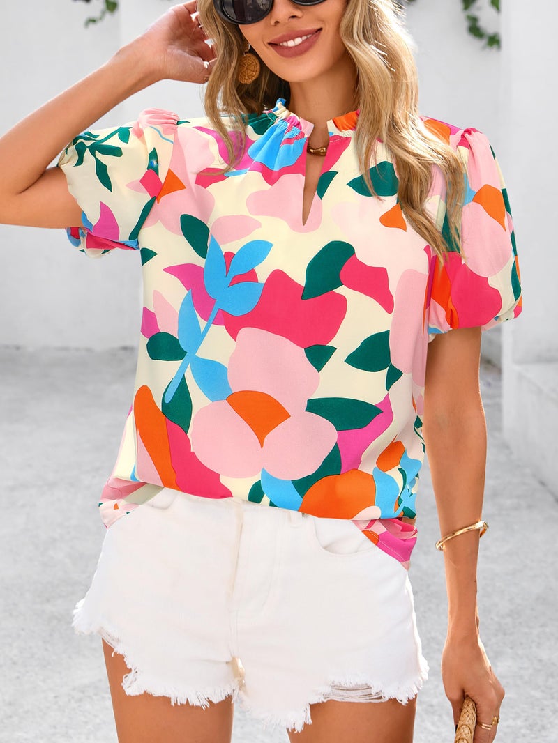 MASCOMODA Boho Short Sleeve Floral Work Blouses for Women Dressy Casual V Neck Puff Sleeve Loose Chiffon Flowy Tops Shirts(Apricot Rose Red Flower,Large) - Image 3