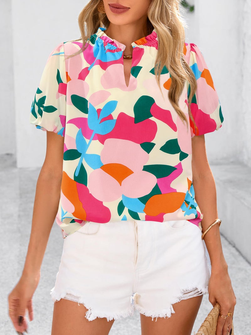 MASCOMODA Boho Short Sleeve Floral Work Blouses for Women Dressy Casual V Neck Puff Sleeve Loose Chiffon Flowy Tops Shirts(Apricot Rose Red Flower,Large) - Image 5
