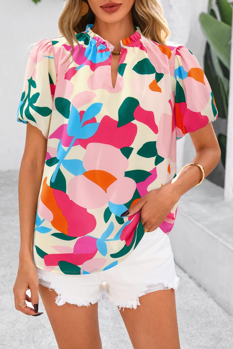 MASCOMODA Boho Short Sleeve Floral Work Blouses for Women Dressy Casual V Neck Puff Sleeve Loose Chiffon Flowy Tops Shirts(Apricot Rose Red Flower,Large) - Image 2