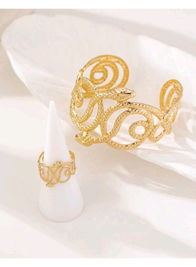 Shein 1 Set European & American Cross-Border Exaggerated Hollow Snake Design Fashion Women Ring & Bracelet Set - Image 2