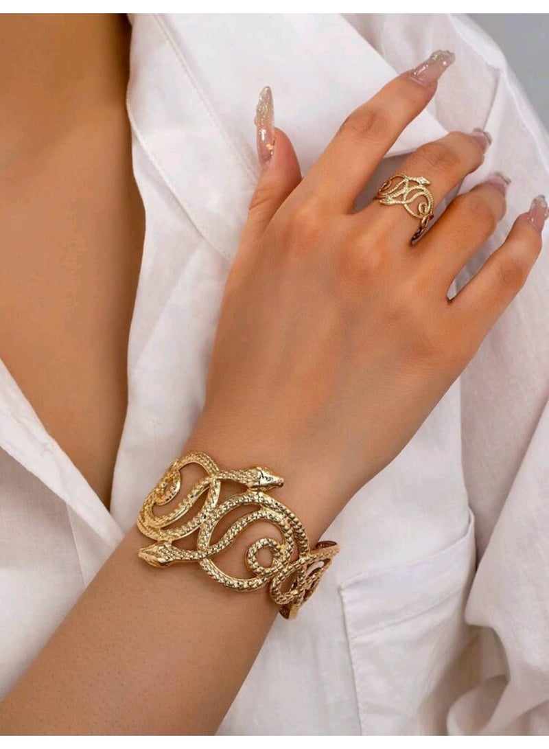 Shein 1 Set European & American Cross-Border Exaggerated Hollow Snake Design Fashion Women Ring & Bracelet Set - Image 1