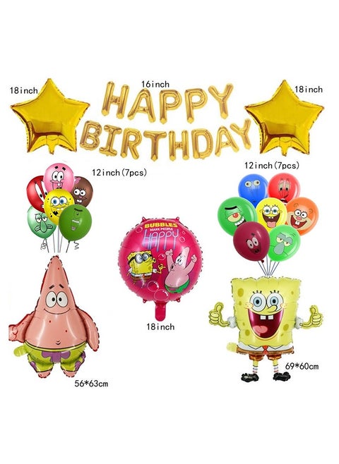 20-piece Spongebob series styling balloon combination decoration set suitable for children's birthday parties and theme party supplies (including 5 large styling balloons + 1 birthday balloon flag + 14 round balloons)