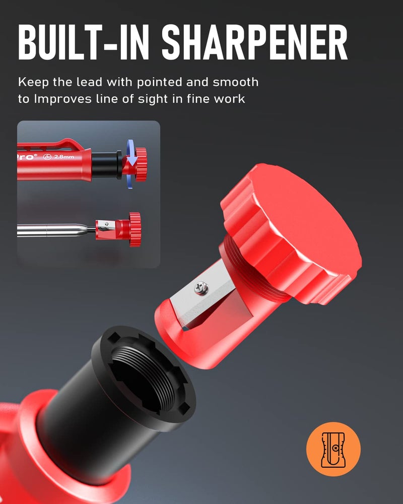 Nicpro مجموعة أقلام نجارة نيكبرو 3 قطع مع مبراة وحامل، أقلام نجارة ميكانيكية مع 39 إعادة تعبئة (أحمر، أسود، أصفر)، أقلام بناء ثقيلة للنجار، المهندس المعماري - Image 3