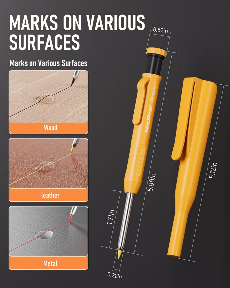 Nicpro مجموعة أقلام نجارة نيكبرو 3 قطع مع مبراة وحامل، أقلام نجارة ميكانيكية مع 39 إعادة تعبئة (أحمر، أسود، أصفر)، أقلام بناء ثقيلة للنجار، المهندس المعماري - Image 4