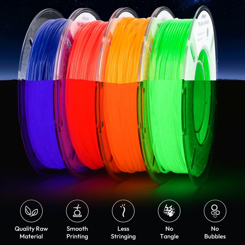 AMOLEN 95A TPU Glow in The Dark Filament Bundle, Red, Orange, Blue Purple, Green 1.75mm Soft Flexible TPU 3D Printer Filament, Best with UV Lamp, 200g x 4 Pack, Luminous Filament for Halloween - Image 3