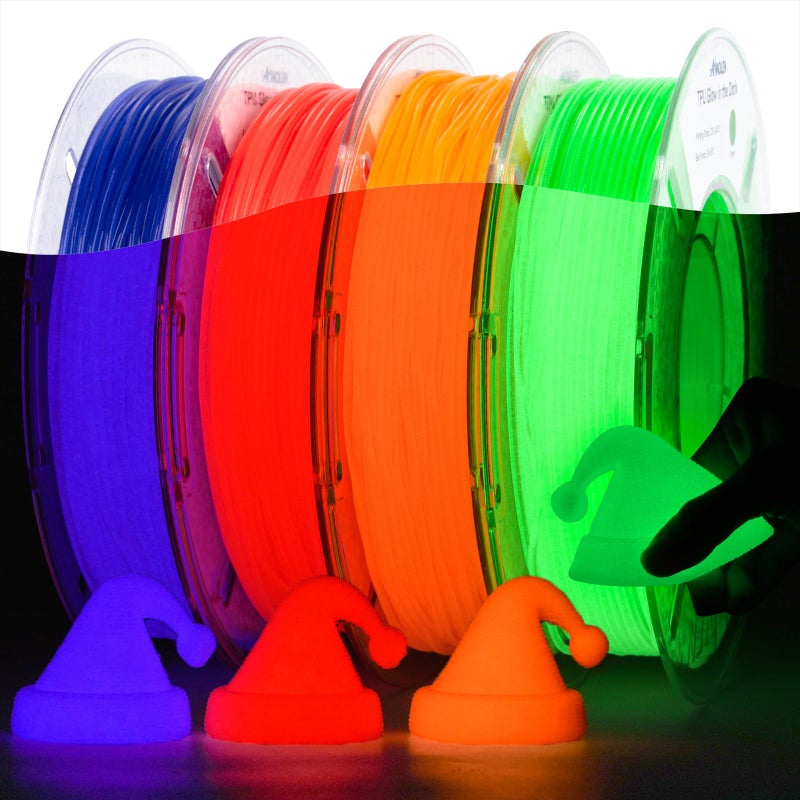 AMOLEN 95A TPU Glow in The Dark Filament Bundle, Red, Orange, Blue Purple, Green 1.75mm Soft Flexible TPU 3D Printer Filament, Best with UV Lamp, 200g x 4 Pack, Luminous Filament for Halloween - Image 1
