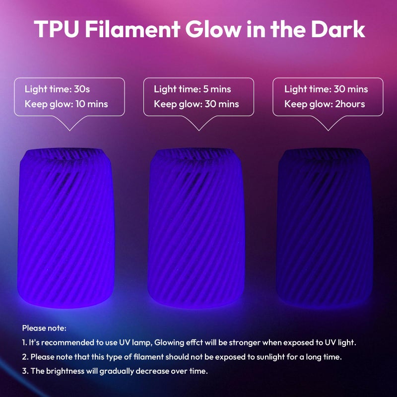 AMOLEN 95A TPU Glow in The Dark Filament Bundle, Red, Orange, Blue Purple, Green 1.75mm Soft Flexible TPU 3D Printer Filament, Best with UV Lamp, 200g x 4 Pack, Luminous Filament for Halloween - Image 4