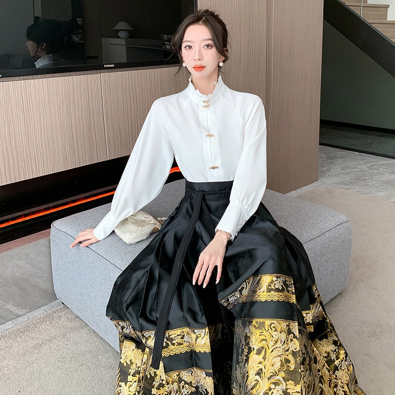 Ming-made Hanfu Improved Daily Commuter New Chinese-style Horse-faced Skirt suit 2024 New Style National Style Skirt for Small Men Black petticoat - Image 5