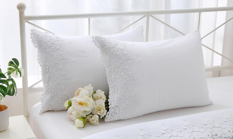 Meaning4 White Lace Pillow Shams with Embroidered 3D Flowers Retro Noble Luxury Elegant Look Pillowcases 100% Cotton Queen Size 2-Pack - Image 5