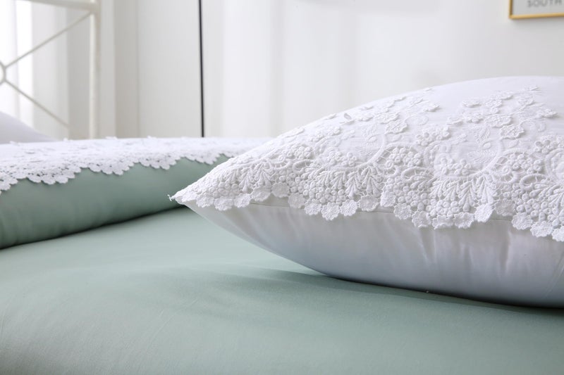 Meaning4 White Lace Pillow Shams with Embroidered 3D Flowers Retro Noble Luxury Elegant Look Pillowcases 100% Cotton Queen Size 2-Pack - Image 2