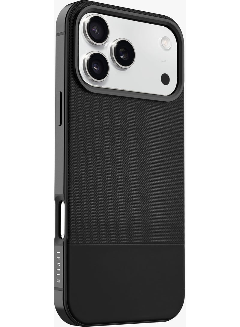 LEVELO iPhone 17 Pro MagSafe Case Cuir With Comfortable Grip & Premium PU Leather / Shock-Resistant Bumper / Aluminum Alloy Frame for Camera & Buttons / Strong Magnets - Phantom Black - Image 5