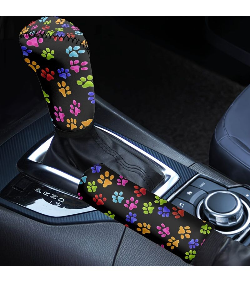2pcs Colourful Heart Dog Paw Car Accessory Set Polyester Gear Shift Knob And Handbrake Cover Cute Gift For Women - Image 1