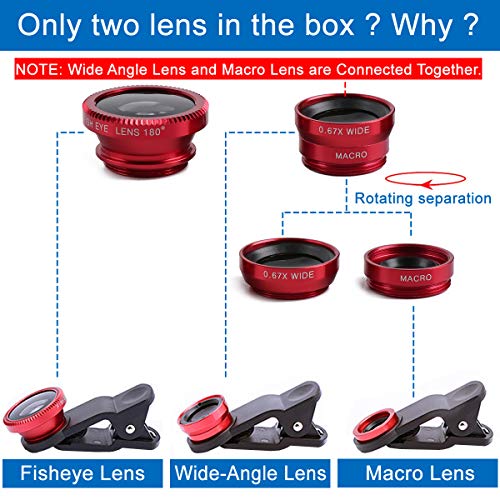 KINGMAS 3 in 1 Universal Fish Eye Lens, Macro Clip Lens Wide-Angle Camera Lens Kit for iPad iPhone Samsung Android and Most Smartphones (Red) - Image 3