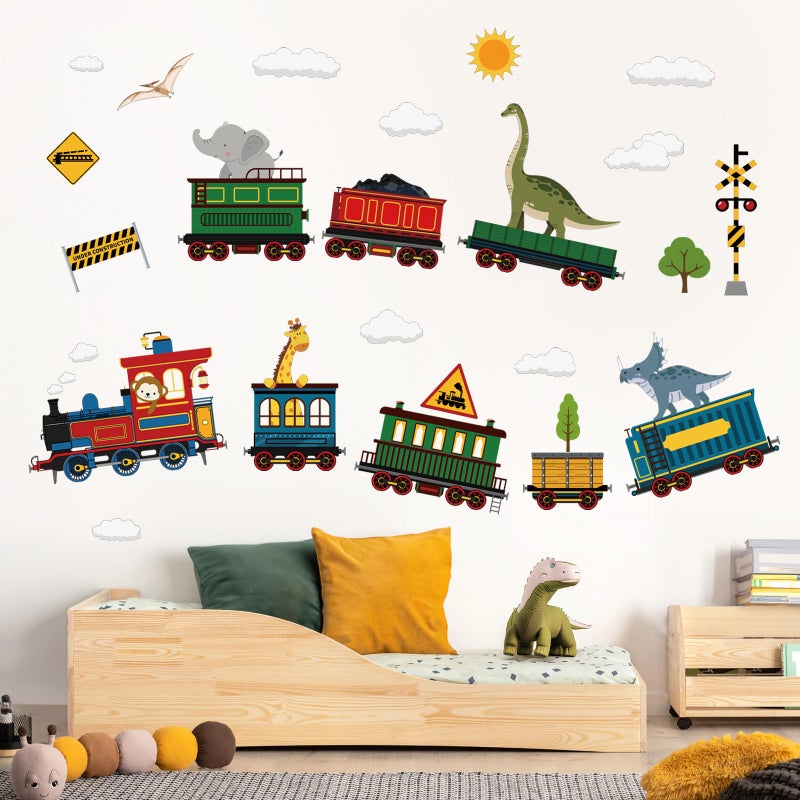 decalmile Animal Train Wall Stickers Dinosaur Elephant Giraffe Wall Decals Baby Nursery Children Bedroom Playroom Wall Decor - Image 1