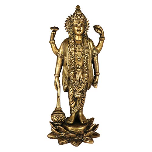 Kartique Brass Astadhatu Lord Bhagwan Vishnu Narayann Idol Holding Club Gada on Lotus Statue for Home Decor Mandir Temple Puja Gift Vastu Dosh - Image 1