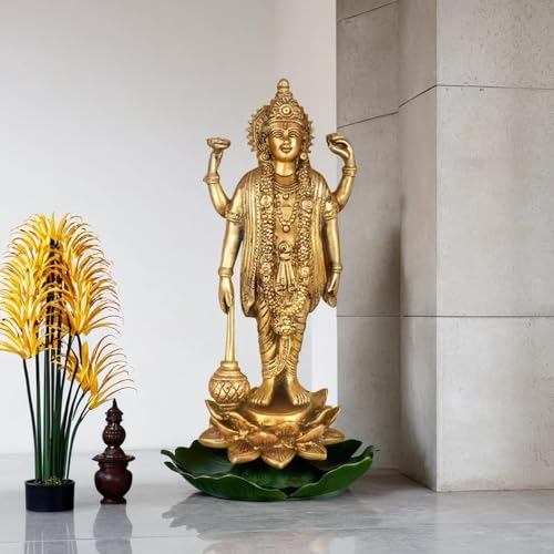 Kartique Brass Astadhatu Lord Bhagwan Vishnu Narayann Idol Holding Club Gada on Lotus Statue for Home Decor Mandir Temple Puja Gift Vastu Dosh - Image 2