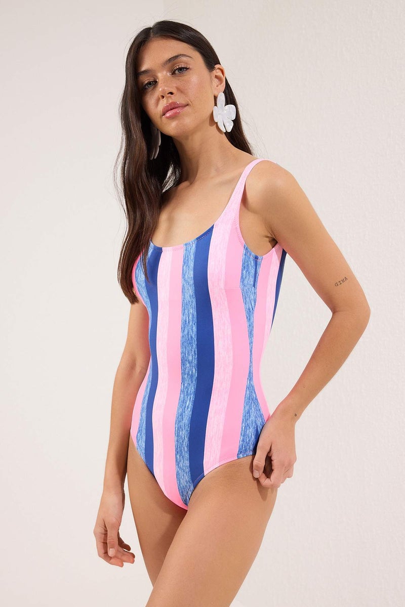 trendyol Striped Backless U-Neck Covered Regular Swimsuit Tbess25Ma00126 - Image 1