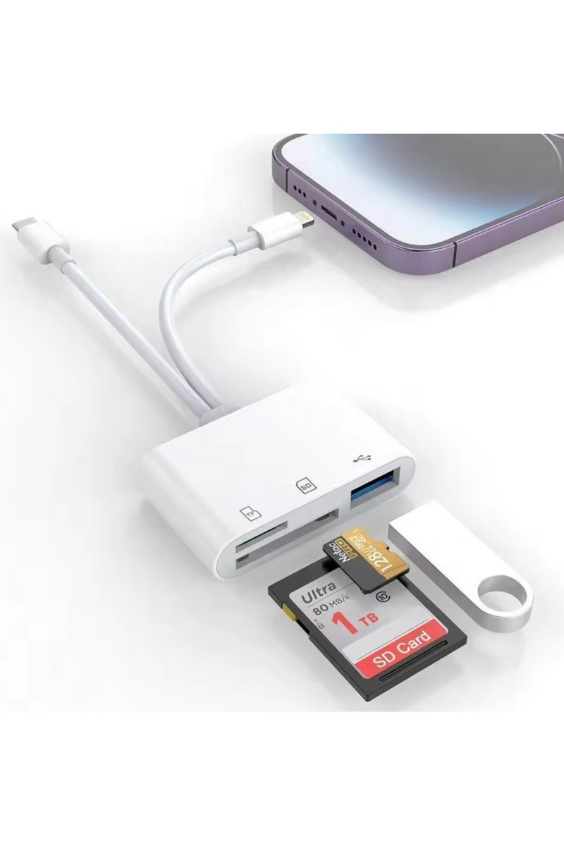 Portable TF and SD card reader with USB port for reading flash memory, hard drives or directly from the camera. The small device functions to easily transfer photos, videos or files between the phone, tablet or computer and TF, SD or flash cards. It is transferred via iPhone's Lighthing or USB C. It works and supports a wide range of devices such as iPhone, iPad, Android phones, Samsung Galaxy and others, or computers. It is an ideal card reader for transferring data, photos, videos and music in cards, cameras, dash cams or flash drives. It supports the operation and transfer of data from two cards at the same time.  - Image 1