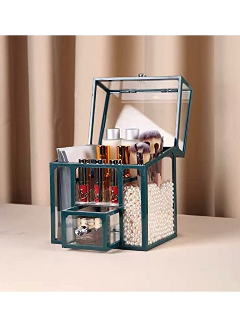 LIMOS Makeup Organizer Box Brush Holder Glass Storage Cosmetic for Jewelry Decoration (Green) - Image 3