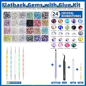Glarks Rhinestone Gems Kit 7300Pcs 18 Colors Rhinestones with Gems Adhesive Flat Back Gems Crystal Rhinestones with 12pcs Dotting Tools for Craft Jewelry and Nail Art - Image 2