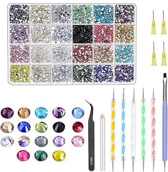 Glarks Rhinestone Gems Kit 7300Pcs 18 Colors Rhinestones with Gems Adhesive Flat Back Gems Crystal Rhinestones with 12pcs Dotting Tools for Craft Jewelry and Nail Art - Image 1