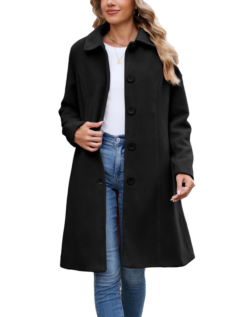 Springrain Womens Pea Coat Elegant Overcoat Single Breasted Winter Coat Dress Coat with Pockets(Black-XXL) - Image 1