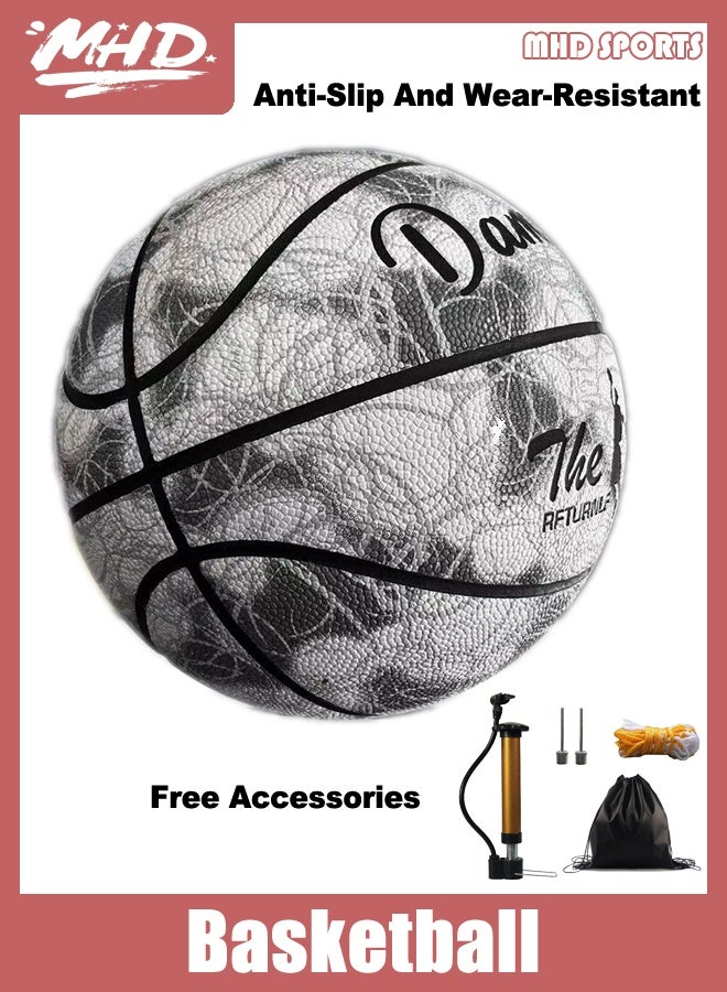Size 7 Official Game Basketball - Non - Slip & Durable for Indoor/Outdoor Concrete Courts - Includes Bag, Pump, Needle & Net