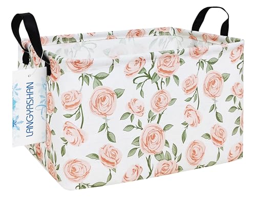 LANGYASHAN Rectangular Storage Bin Collapse Canvas Fabric Cartoon Storage Basket with Handles for Organizing Home Kitchen Boys and Girls Toys Office Closet Shelf Baskets Rec Champagne Rose - Image 1