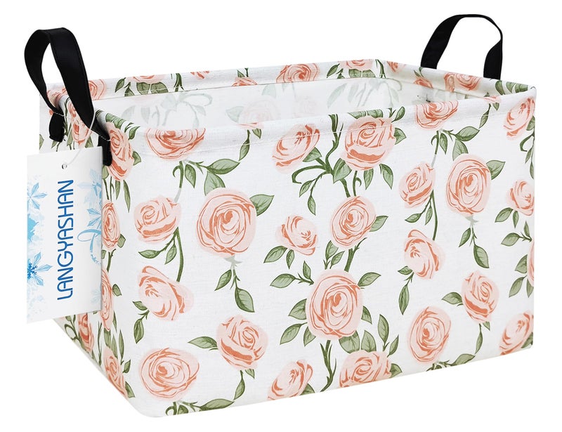 LANGYASHAN Rectangular Storage Bin Collapse Canvas Fabric Cartoon Storage Basket with Handles for Organizing Home Kitchen Boys and Girls Toys Office Closet Shelf Baskets Rec Champagne Rose - Image 2