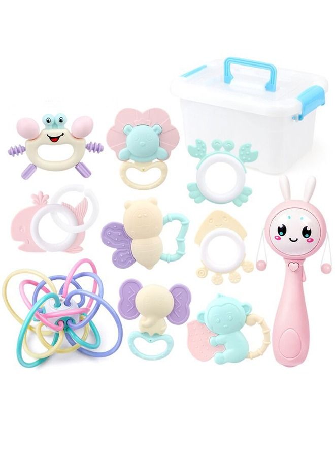 11 Piece Baby Teethers Rattles Toys Set for Newborn Infants with Storage Box Sensory Educational Tools Gifts Freezer Safe Infant and Toddler Silicone Teethers Soothe Babies Gums  - Image 1