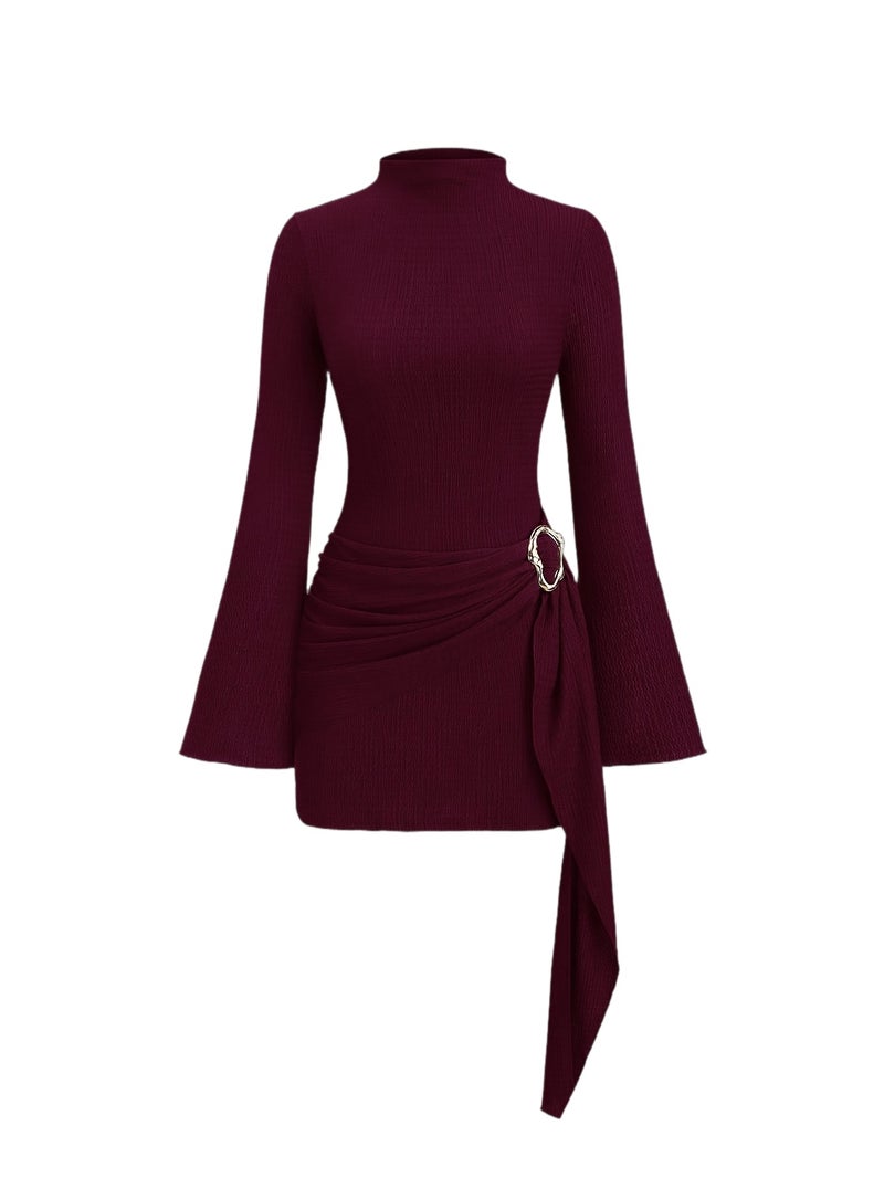 Solid Color Round Neck Long Sleeve Waist-Cinching Simple Casual Flared Sleeve Bodycon Dress - Image 1