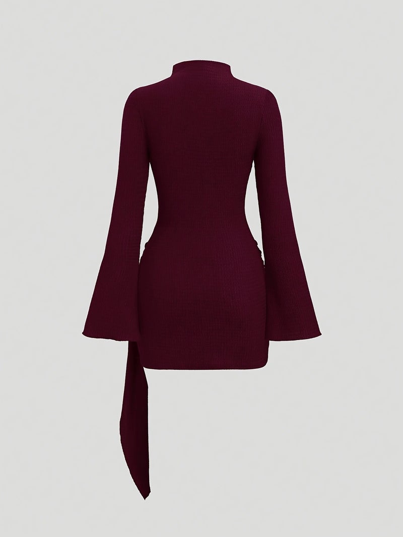 Solid Color Round Neck Long Sleeve Waist-Cinching Simple Casual Flared Sleeve Bodycon Dress - Image 2