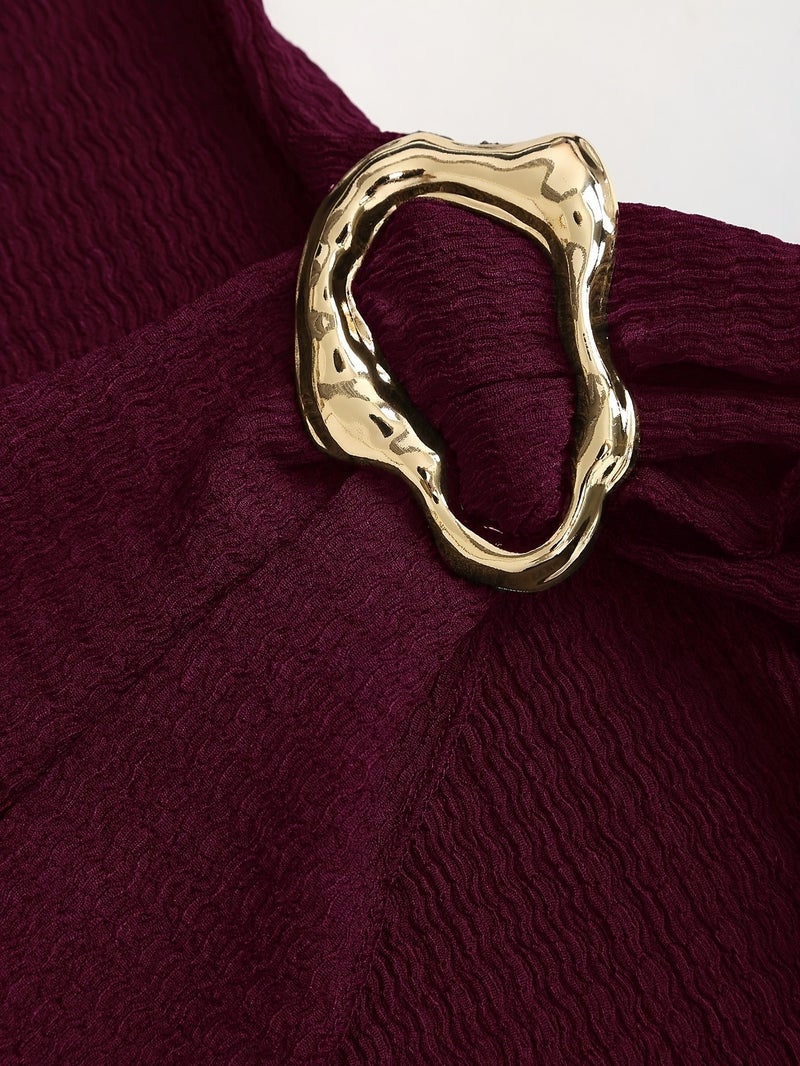 Solid Color Round Neck Long Sleeve Waist-Cinching Simple Casual Flared Sleeve Bodycon Dress - Image 4
