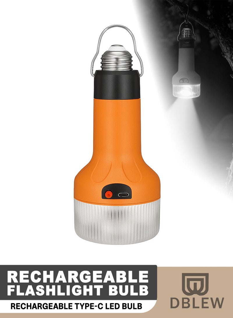 DBLEW Rechargeable LED Emergency Flashlight Bulb With Type-C Charging 15W/18W Multi-Function Camping Light For Home, Fishing & Outdoor Activities,  E27/B22 Base Cool White - Orange - Image 1