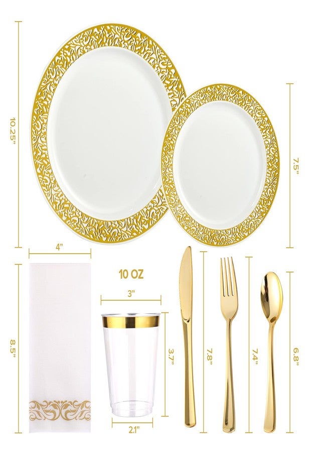 FOCUSLINE 350 Ct Gold Dinnerware Set for 50 Guests, Gold Lace Plastic Plates Disposable Heavy Duty, Including 50 Dinner & Dessert Plates, Cups, Napkins, Cutlery Set - Image 3